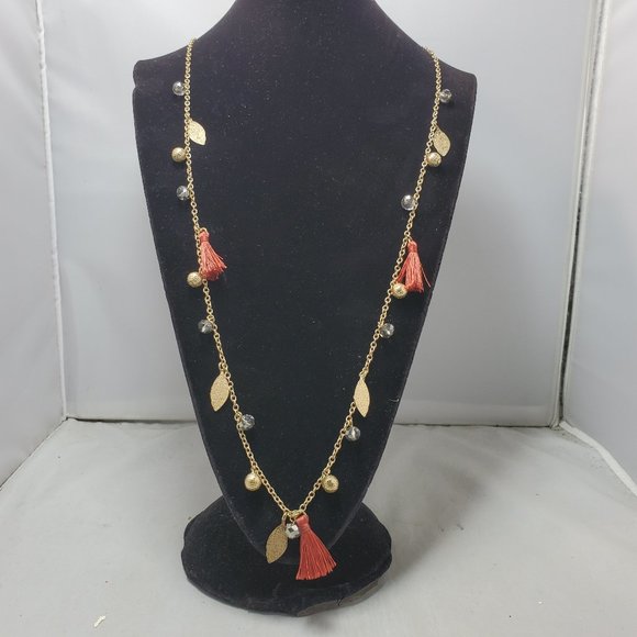 Spring Street orange fringe tassel with gold disco ball and leaf necklace - Picture 1 of 8